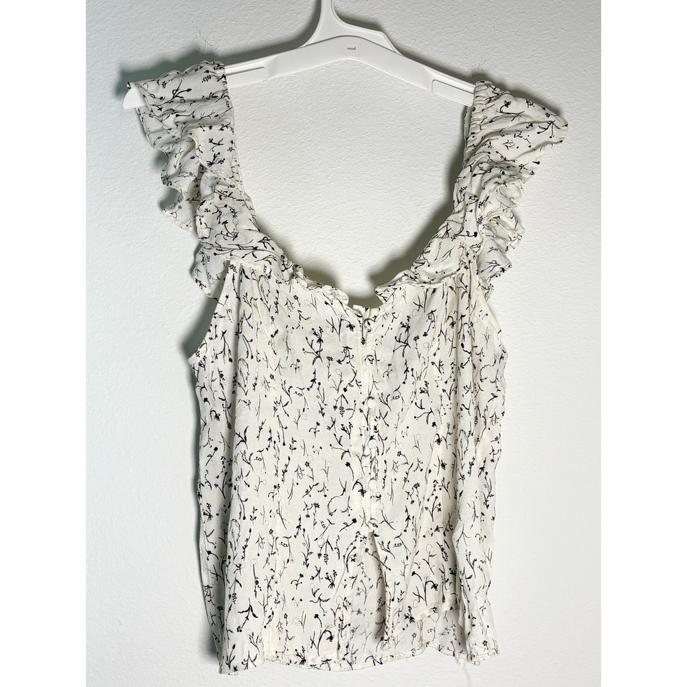 HM Floral Ruffle Button Down Tank Top White Black Sleeveless Blouse Womens Large